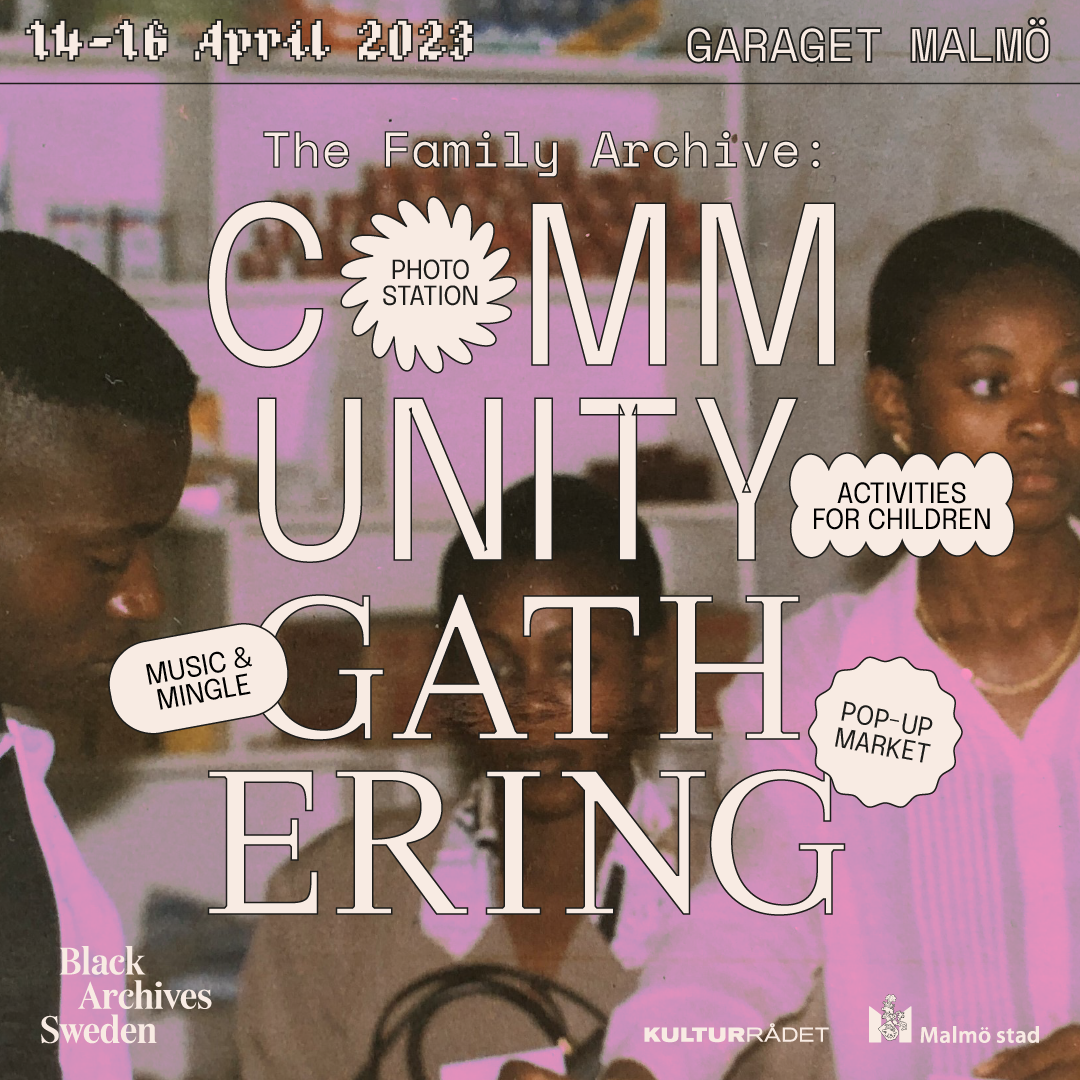 A poster with a pink background, an image of 3 Black people and the text Community Gathering centered