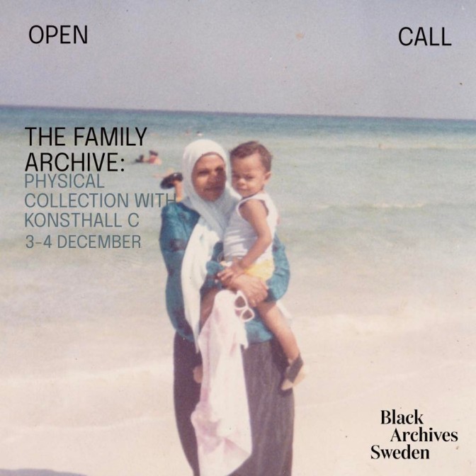 An image of a mother holding her child in her arms on the beach. The text on the image says: Open Call. The Family Archives Physical Collection with Konsthall C 3-4 December