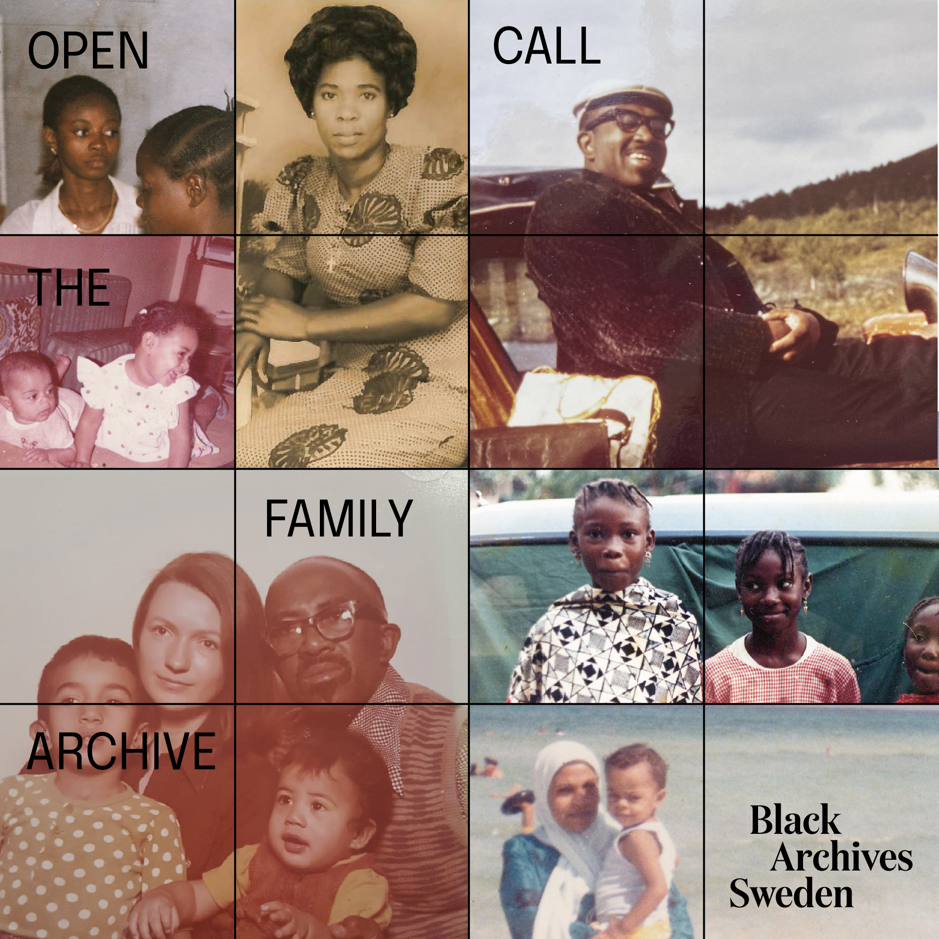 A poster with different images of Black people and the text Open Call, The family Archive. And a logo that says Black Archives Sweden